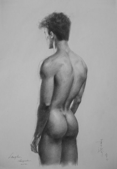 Original Artwork Drawing Gay Man Charcoal Pencil Art Male Nude On Paper