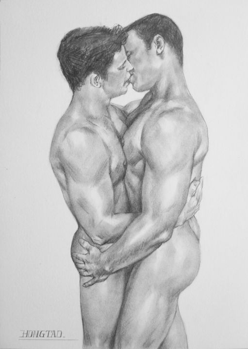 Original Drawing Charcoal Pencil Art Two Male Nude Gay Interest Man On