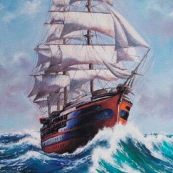 Painting titled "Ship" by Ekaterina San, Original Artwork, Acrylic Mounted on Wood Stretcher frame