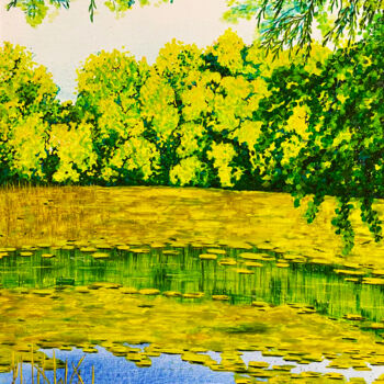 Schilderij getiteld "Озеро в деревне Рыб…" door Olga Dokuchaeva, Origineel Kunstwerk, Aquarel Gemonteerd op Karton