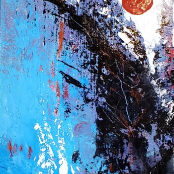 Painting titled "RED  MOON" by Maggie Romanovici, Original Artwork, Acrylic Mounted on Wood Stretcher frame