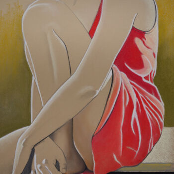 Рисунок под названием "La robe rouge" - Jacques Place, Подлинное произведение искусства, Пастель