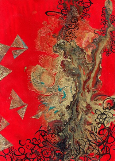 Коллажи под названием "Gold stain on Red" - Lynda Stevens, Подлинное произведение искусства, Коллажи
