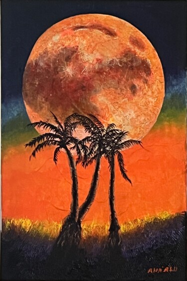 Painting titled "Tropical Orange moon" by Andrew (Ana` Alu) Hollimon, Original Artwork, Acrylic Mounted on Wood Stretcher fr…