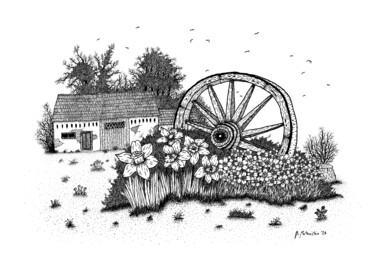 Rysunek zatytułowany „Old Wheel and Barn” autorstwa Boris Matoničkin, Oryginalna praca, Atrament