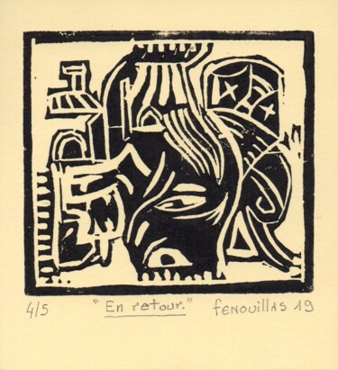 Incisioni, stampe intitolato "En retour. 4/5" da Jean-Bernard Fenouillas, Opera d'arte originale, Incisioni su linoleum