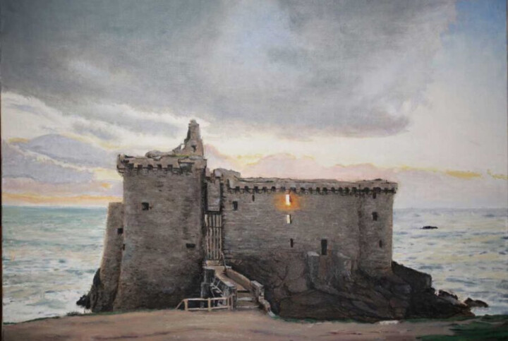 Huile sur toile de Théodore Bouret représentant les ruines d'un château en bord de mer