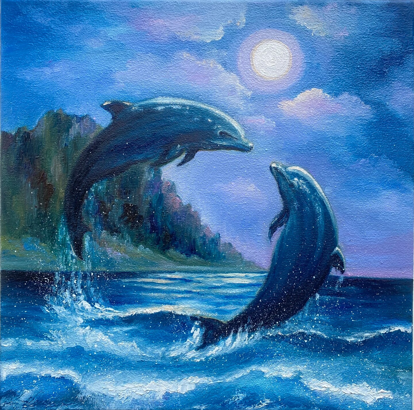 Dolphins Couple Dot Painting, Dolphinit, Painting by Olesea Arts