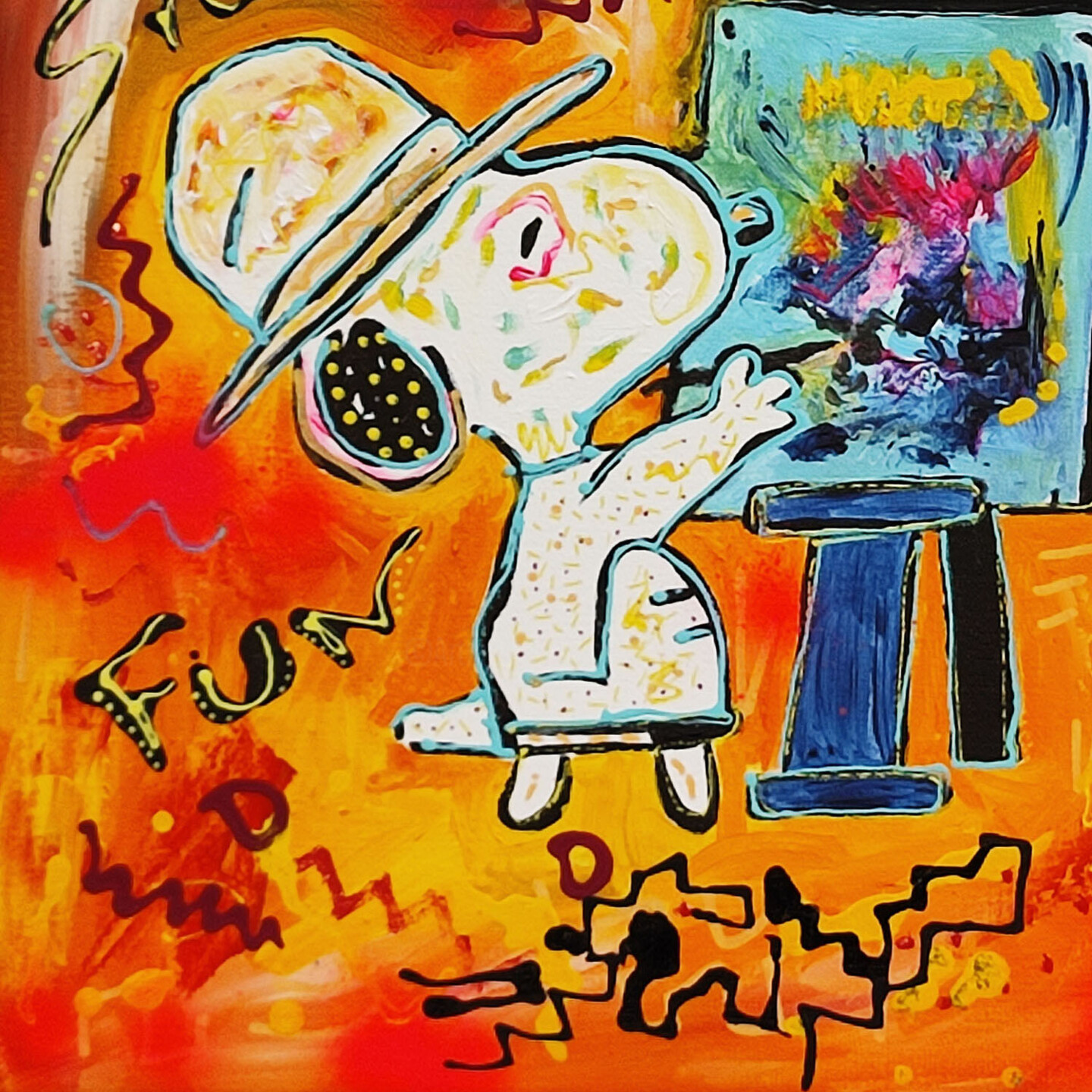 Peinture pop art de Snoopy et Woodstock : œuvre d'art abstraite unique