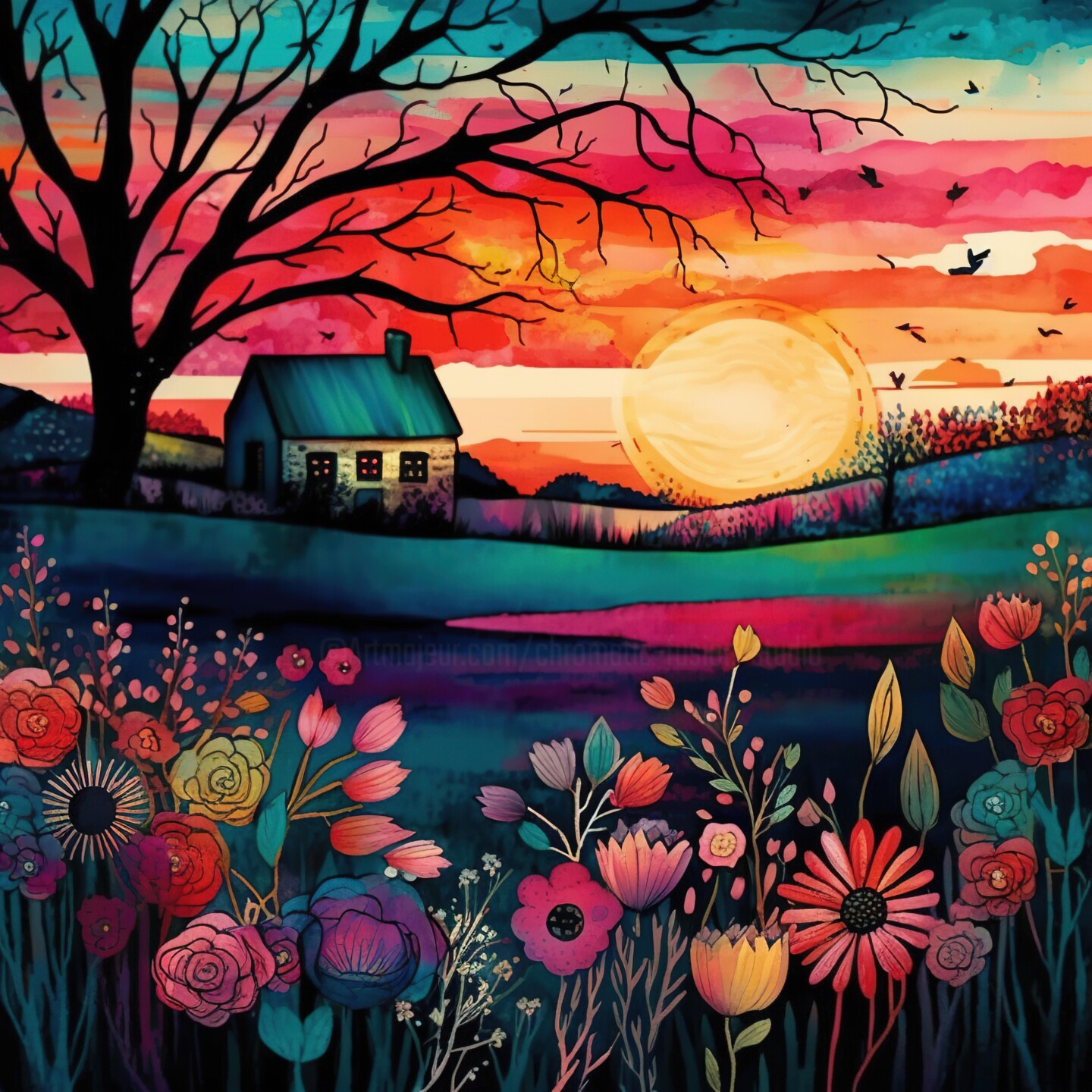 Watercolor Folk Art Sunset #2, Digital Arts by Chromatic Fusion