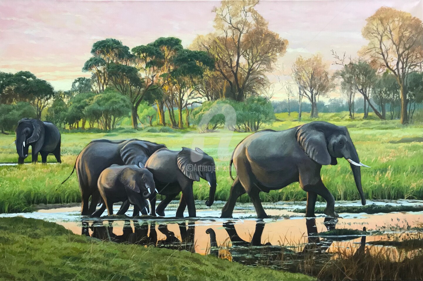 Original Oil Painting "Elephants At Suns, Painting by Evgeniya Roslik