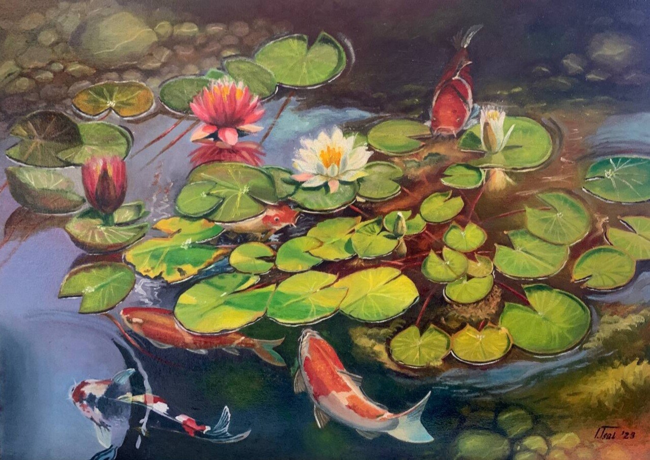 Koï Dans Un Étang De Nénuphars, Painting by Iryna Tsai