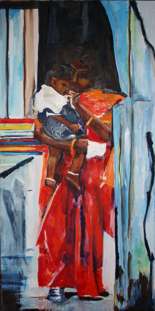 indian mother and child abstract painting