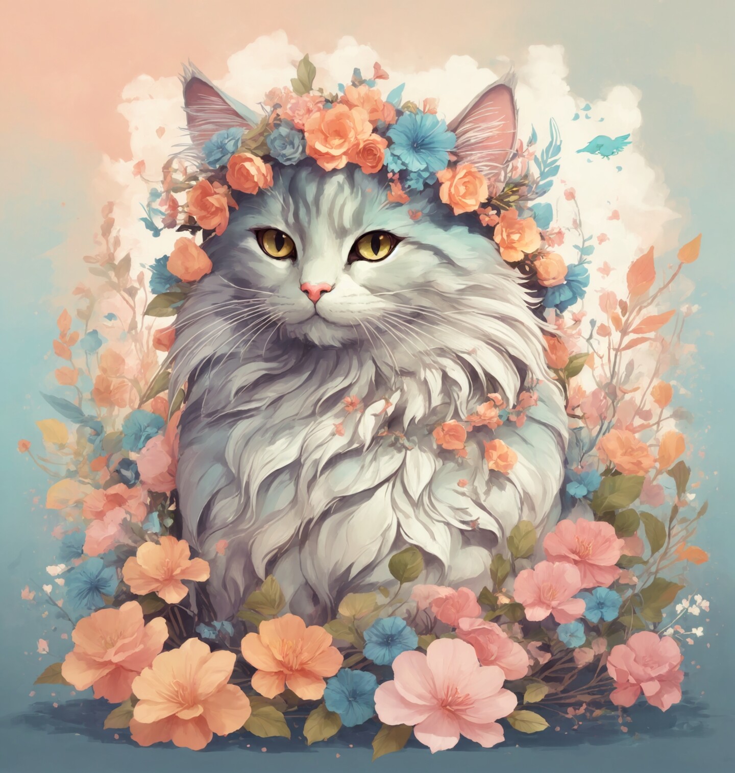 お花冠を被った猫の親子 アクリル絵画 - 美術品