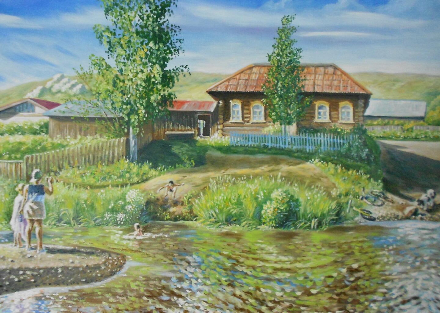 Картина деревни с писателем