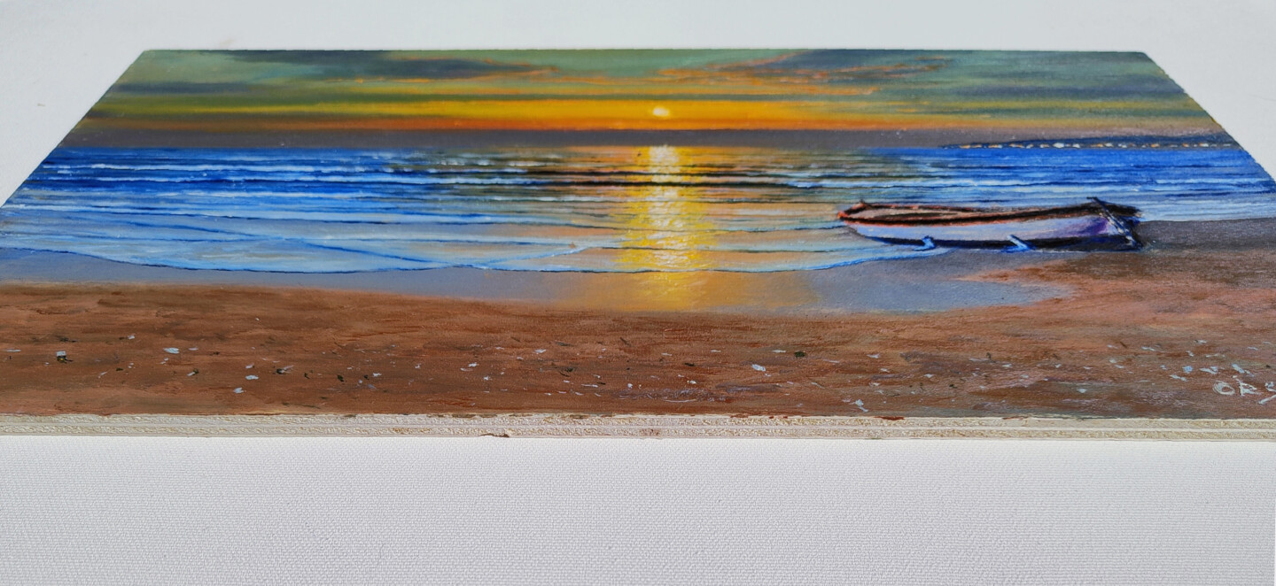 Spiaggia Con Barca Al Tramonto 25X45 Cm, Pittura da Massimo Orsucci