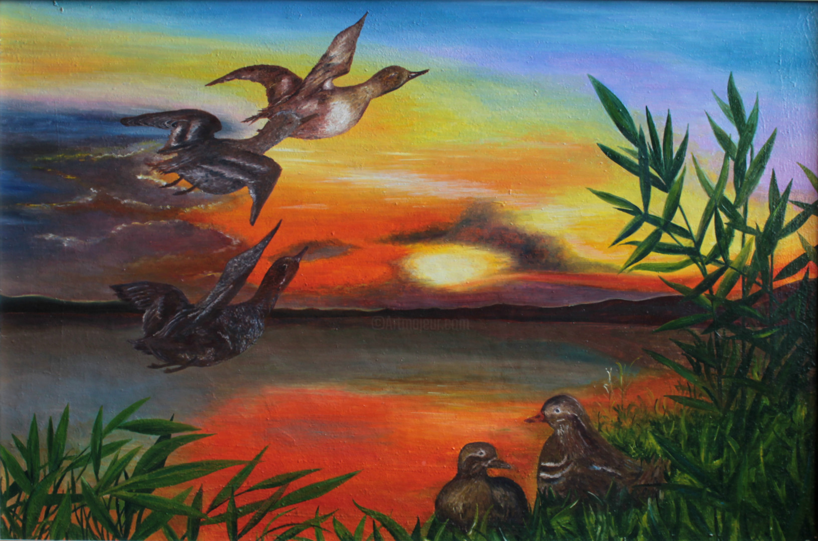 Картина утки на закате