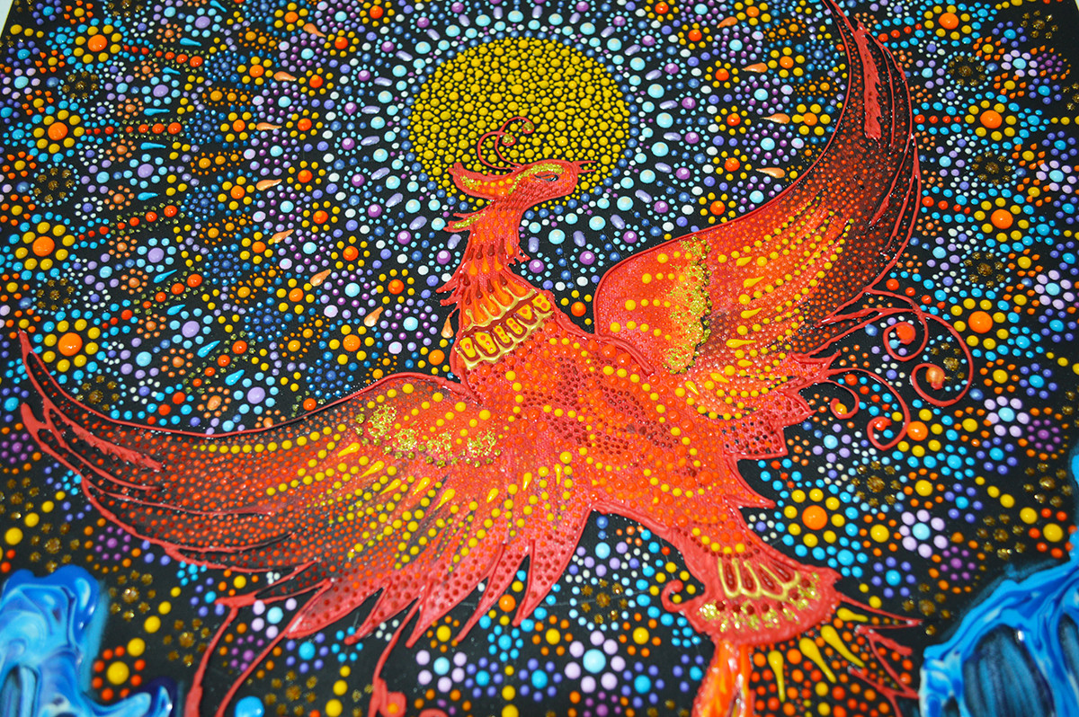 Rising From Ashes Phoenix Bird Dotillism Art Painting By Olesea Arts Artmajeur