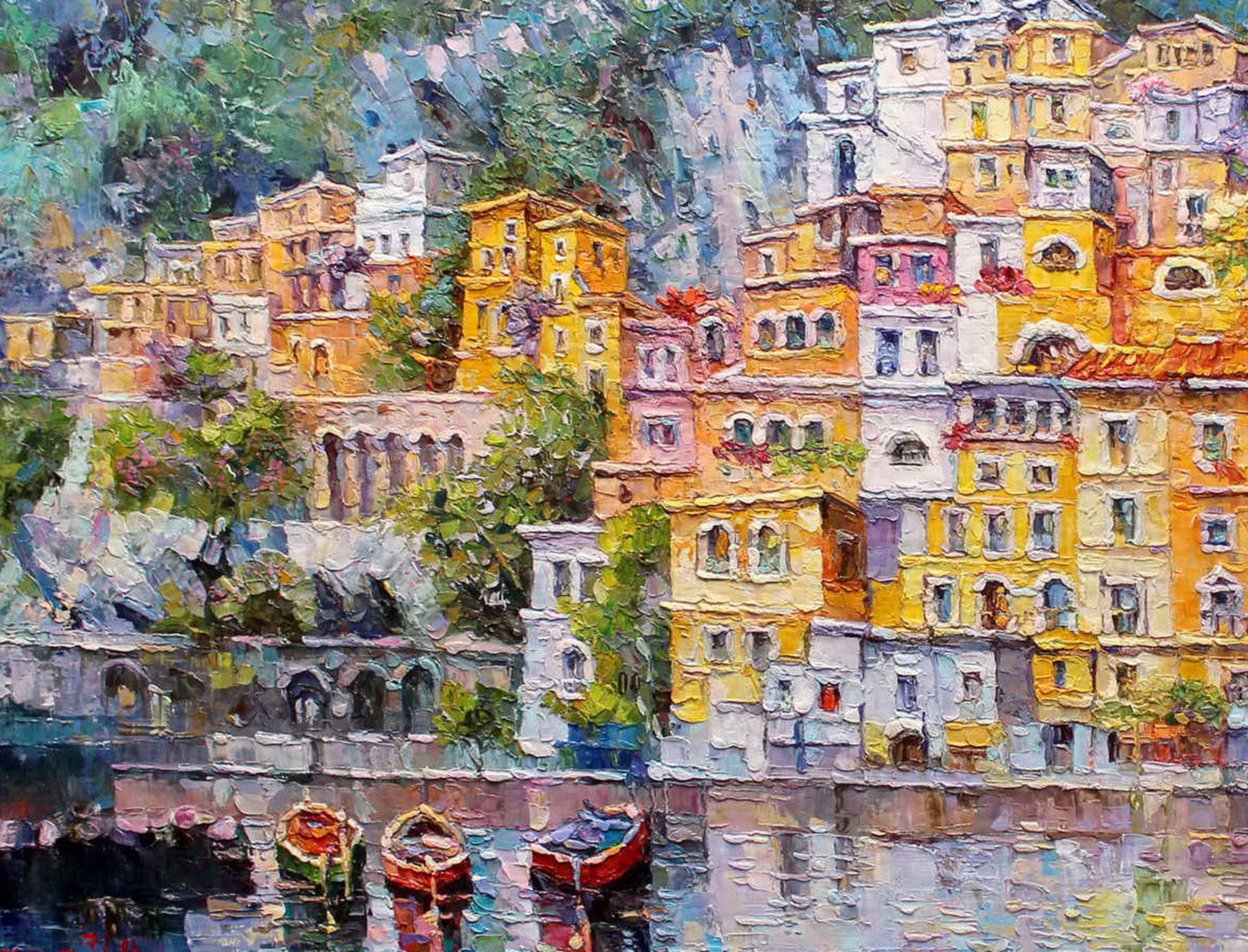 Positano Villages Large Italian Painting, Painting by Royo Liu | Artmajeur