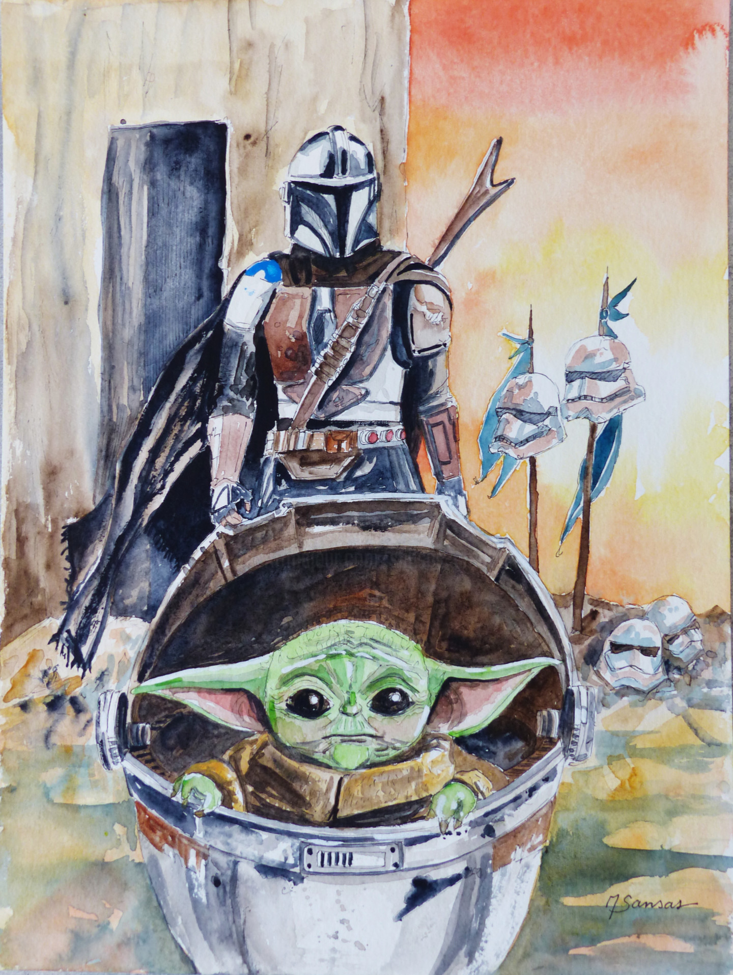 Mando Et Baby Yoda Peinture Par Marine Sansas Artmajeur