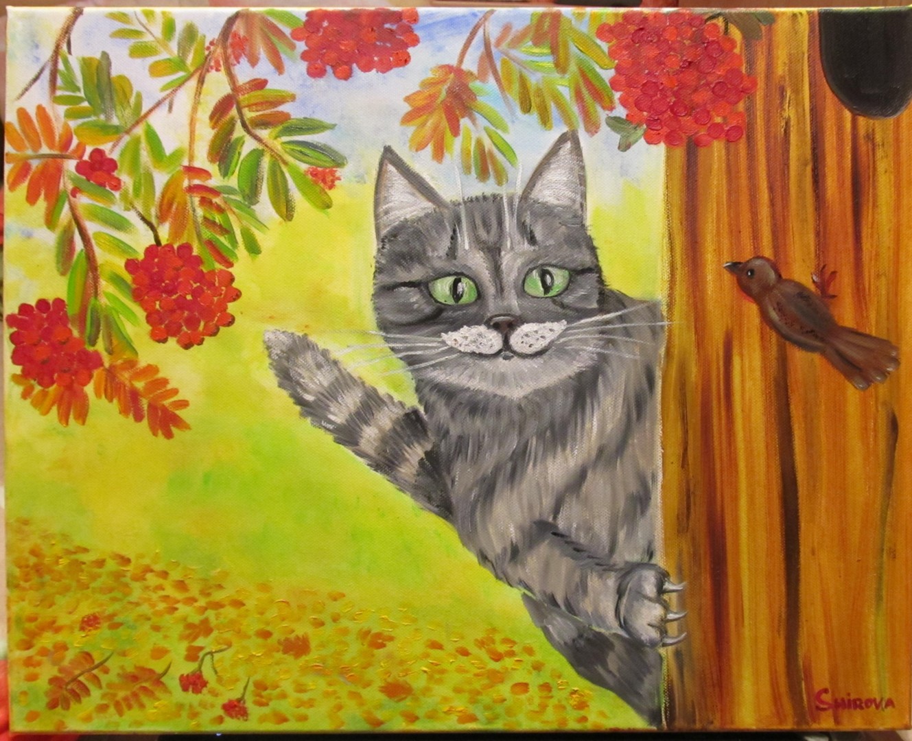 Осень кошка живопись
