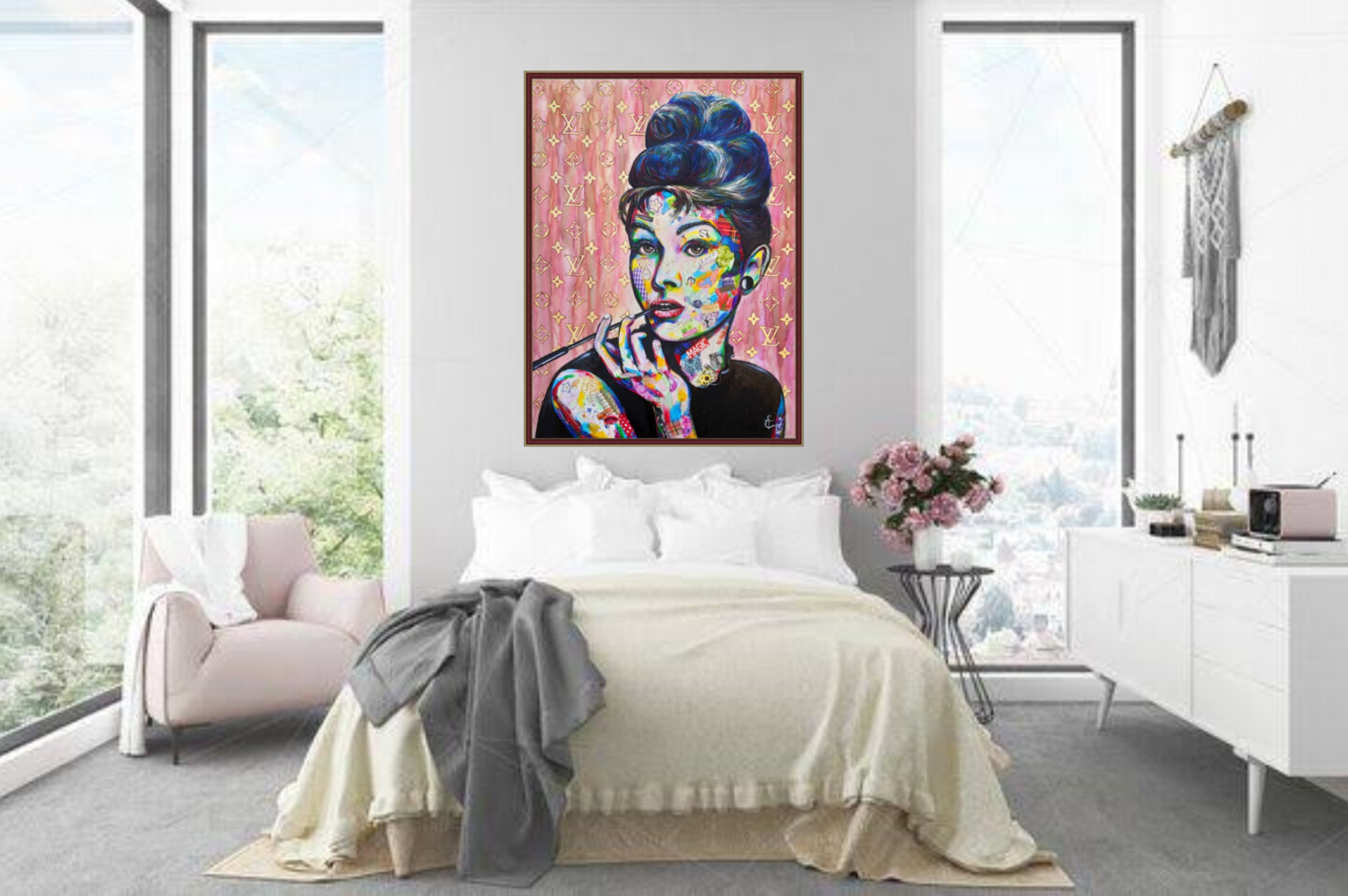Audrey Hepburn pop art portrait painting, popular culture, celebrity,  acrylic, watercolor, collage , large canvas, girl, love, little black  dress, smoking woman, icon, fashion, luxury, Louis Vuitton background,  bright juicy colours, bedroom