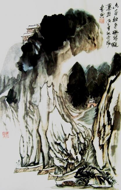 国画山水：山寺秋色，抚琴观瀑图, 絵画 云阳 王によって | Artmajeur