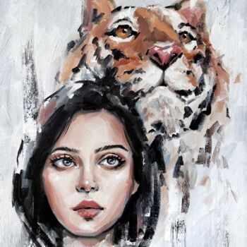Peinture intitulée "GIRL WITH TIGER" par Marina Ogai, Œuvre d'art originale, Huile