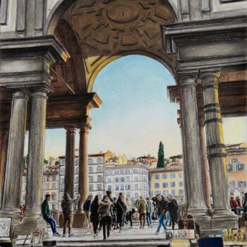 Dibujo titulada "Piazzale degli Uffi…" por A-Criticart, Obra de arte original, Conté Montado en Otro panel rígido