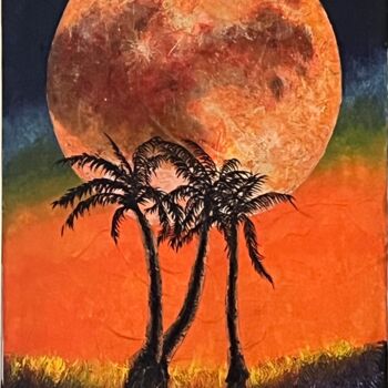 Peinture intitulée "Tropical Orange moon" par Andrew (Ana` Alu) Hollimon, Œuvre d'art originale, Acrylique Monté sur Châssis…