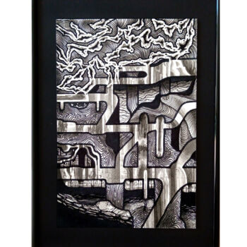 Drawing titled "Utylizacja marzeń" by Adam Mikołaj Iwan, Original Artwork, Ink Mounted on Wood Panel