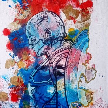 Ζωγραφική με τίτλο "Captain America" από Adamantine, Αυθεντικά έργα τέχνης, Μελάνι Τοποθετήθηκε στο Χαρτόνι