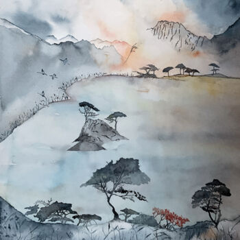 Peinture intitulée "La montagne et le L…" par Aline Demarais, Œuvre d'art originale, Aquarelle