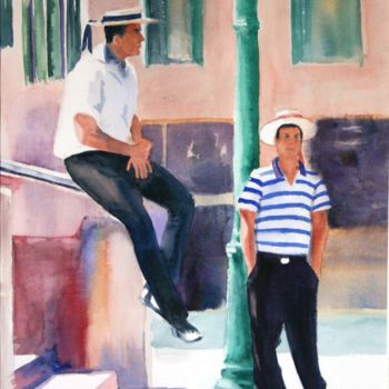 Painting titled "Gondoliers en atten…" by Adyne Gohy, Original Artwork, Watercolor