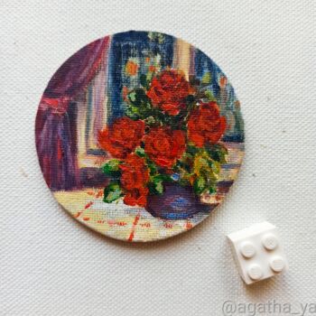 Malarstwo zatytułowany „Roses on the window…” autorstwa Agatha Ya Sokolova, Oryginalna praca, Olej Zamontowany na Panel drew…