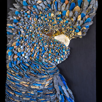 Skulptur mit dem Titel "Cacatoès 3" von Agnès Couret, Original-Kunstwerk, Mosaik Auf Holzplatte montiert