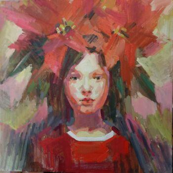 Painting titled "Portrait of a girl…" by Aksinia, Original Artwork, Oil Mounted on Wood Stretcher frame