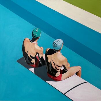 Painting titled "boys at the pool" by Al Freno, Original Artwork, Oil Mounted on Wood Stretcher frame