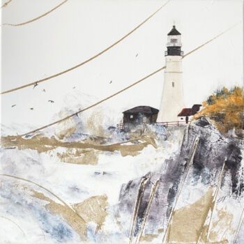 Painting titled "Le phare de Portlan…" by Alain Abramatic, Original Artwork, Oil Mounted on Wood Stretcher frame