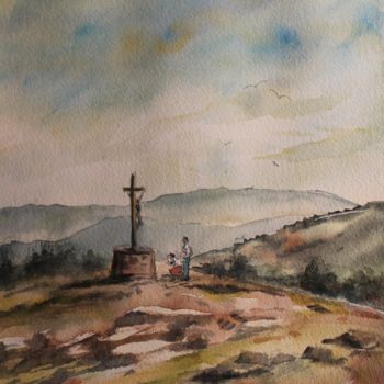 Painting titled "CALVAIRE" by Alain Devienne, Original Artwork, Watercolor