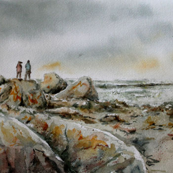 Painting titled "PROMENADE SUR LES R…" by Alain Devienne, Original Artwork, Watercolor