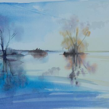 Schilderij getiteld "Soir sur le lac" door Alain Retiere, Origineel Kunstwerk, Aquarel Gemonteerd op Karton