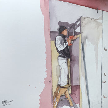 Painting titled "CHANTIER 01" by Alain Rouschmeyer, Original Artwork, Watercolor