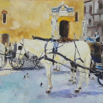 Painting titled "Les chevaux du musée" by Alain Muller, Original Artwork, Oil Mounted on Wood Stretcher frame
