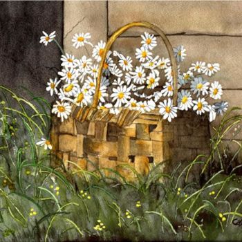 Painting titled "Basket of Daisies" by Alan Casey, Original Artwork, Oil