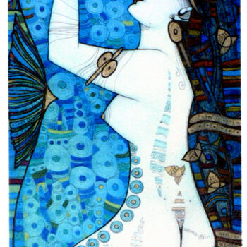 Printmaking titled "Confidences en bleu…" by Albena Vatcheva, Original Artwork, Monotype