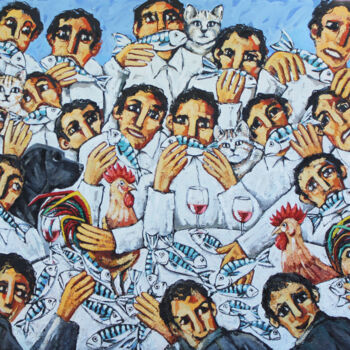 Malarstwo zatytułowany „Gran comida de pesc…” autorstwa Albert Cruells, Oryginalna praca, Olej Zamontowany na Drewniana rama…