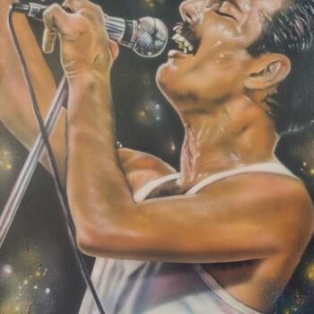 Malerei mit dem Titel "Freddie Mercury Live" von Albert Riera, Original-Kunstwerk, Airbrush Auf Holzplatte montiert