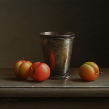 Malarstwo zatytułowany „Plums with a cup” autorstwa Albert Kechyan, Oryginalna praca, Olej