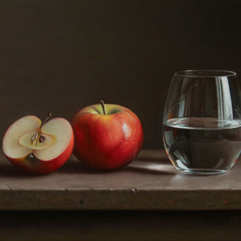 Painting titled "Apples with a glass" by Albert Kechyan, Original Artwork, Oil